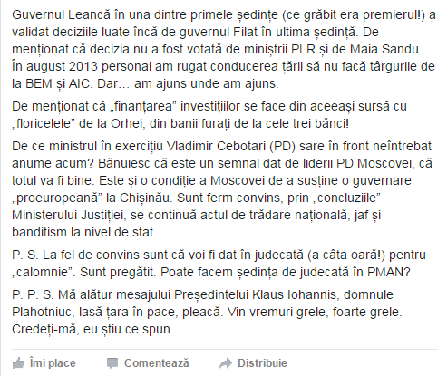 Sturza: Domnule Plahotniuc, lasă țara în pace. Pleacă