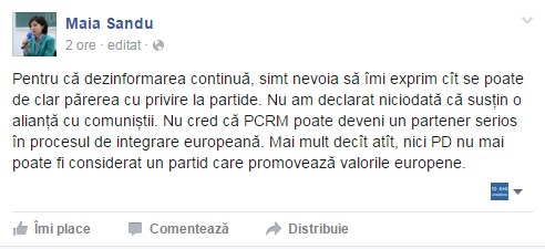 Maia Sandu: Nu am declarat niciodată că susțin o alianță cu comuniștii