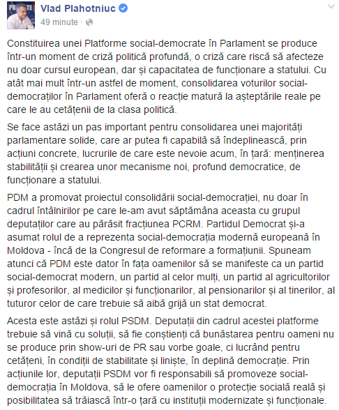 Vlad Plahotniuc revine cu un mesaj pe facebook