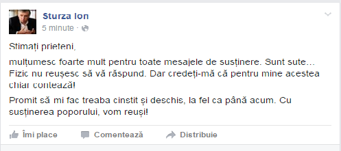 Sturza le mulțumește susținătorilor și promite să-și facă treaba cinstit și deschis