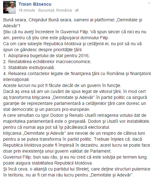 Băsescu, despre colaborarea Platformei DA cu Dodon și Usatîi