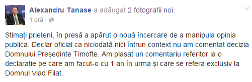 Alexandru Tănase: Niciodată, nici într-un context nu am comentat decizia președintelui Timofti