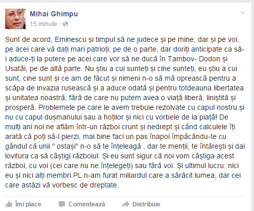 Ghimpu: Eu sunt sigur că noi vom câștiga acest război, cu voi sau fără voi