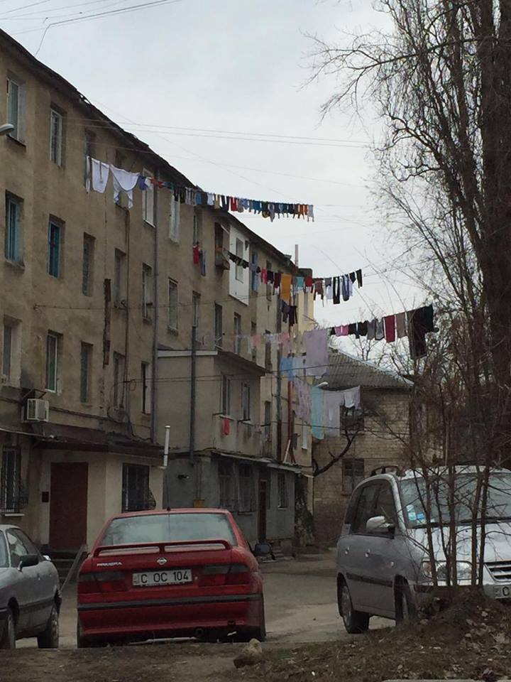 Priveliște din capitală: Haine la uscat pe o sfoară legată de copac