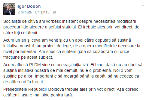 Igor Dodon: Socialiștii vor susține inițiativa PLDM ca șeful statului să fie ales de popor