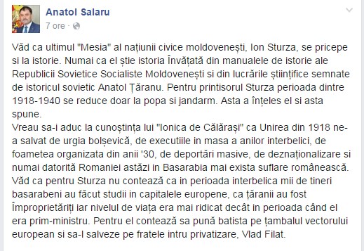 Ministru Șalaru către Sturza: „Ionica de Călărași”, Unirea din 1918 ne-a salvat de urgia bolșevică