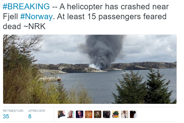 Un elicopter cu 15 oameni la bord, prăbuşit în Norvegia