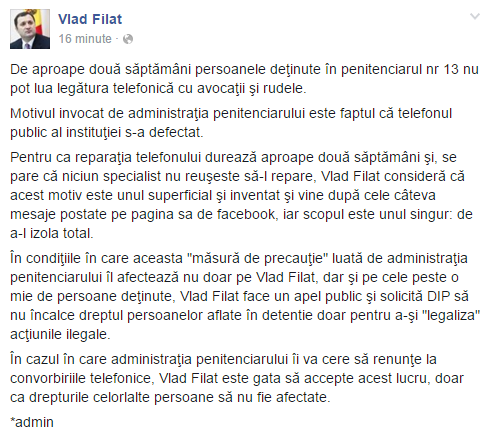 Un nou mesaj de la Vlad Filat despre condiţiile din puşcărie