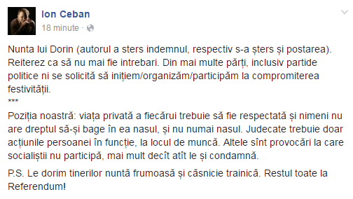 Ion Ceban, despre nunta lui Dorin Chirtoacă: Viața privată a fiecărui trebuie să fie respectată