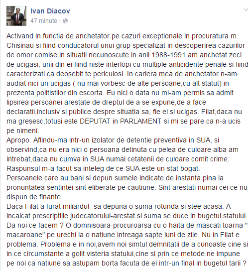 Ivan Diacov, despre dosarul Filat: O domnișoară procuroră cu o haită de mascați toarnă „macaroane” pe urechi
