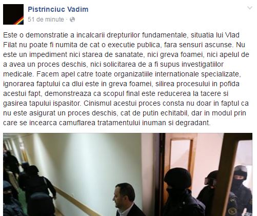 Vadim Pistrinciuc: Situaţia lui Vlad Filat nu poate fi numită decât o execuţie publică, cu sensuri ascunse