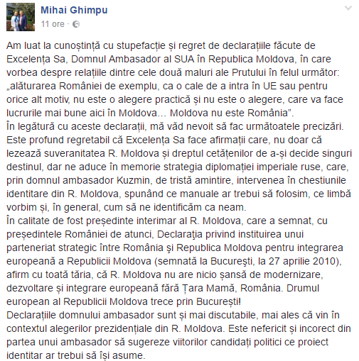 Ghimpu: Este profund regretabil că Ambasadorul SUA la Chișinău face asemenea afirmații