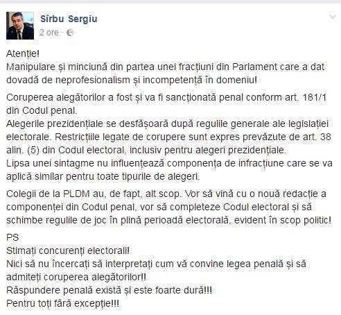 Sîrbu: Coruperea alegătorilor a fost și este pedepsită penal