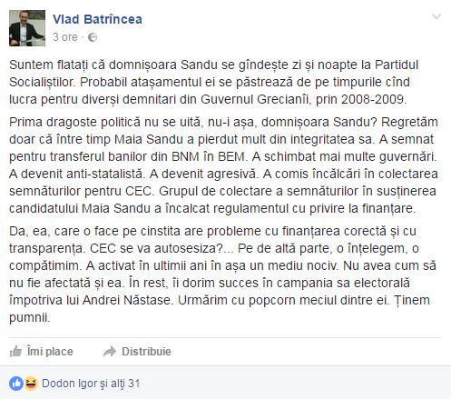 Bătrîncea: Domnișoara Sandu se gândește zi și noapte la Partidul Socialiștilor