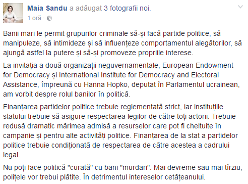 Maia Sandu: Nu poți face politică „curată” cu bani „murdari”