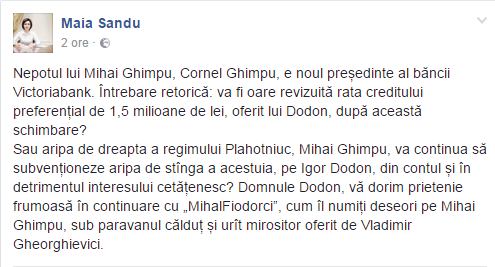 Maia Sandu: Va fi oare revizuită rata creditului preferențial de 1,5 milioane de lei, oferit lui Dodon