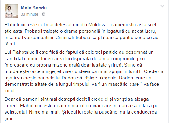 Sandu: Plahotniuc este doar un mafiot ordinar, care încearcă să o facă pe sofisticatul. Locul lui este la pușcărie