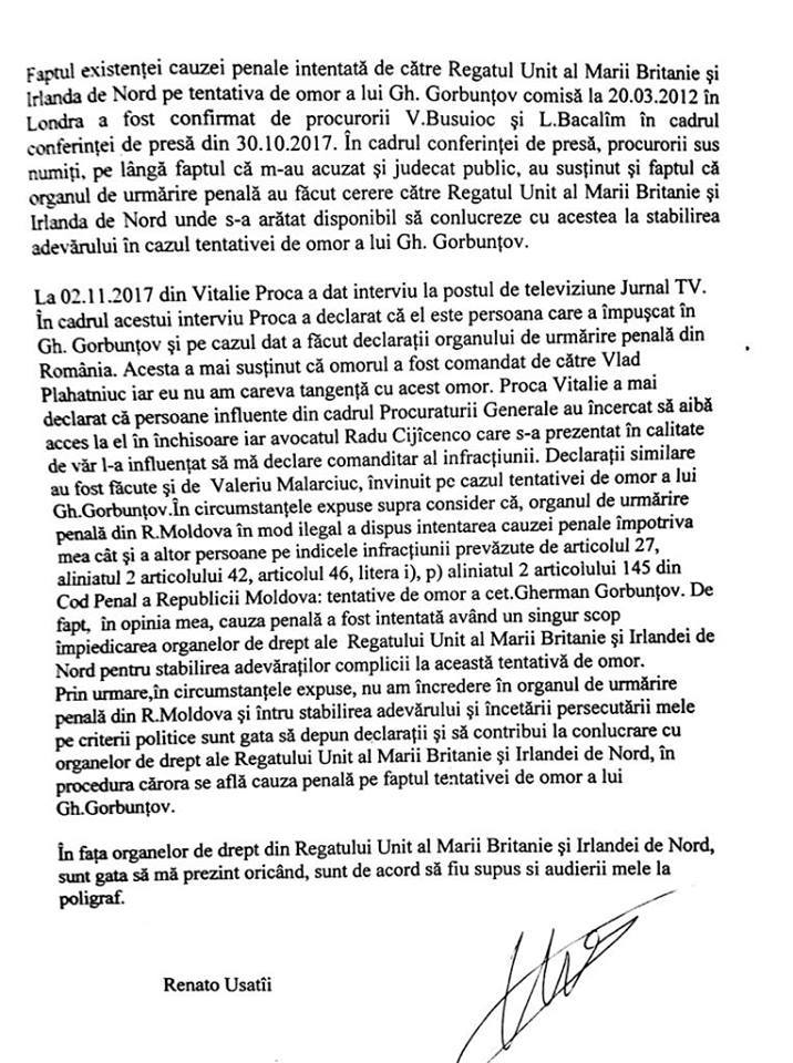 Usatîi cere transferarea dosarului Gorbunțov în Marea Britanie