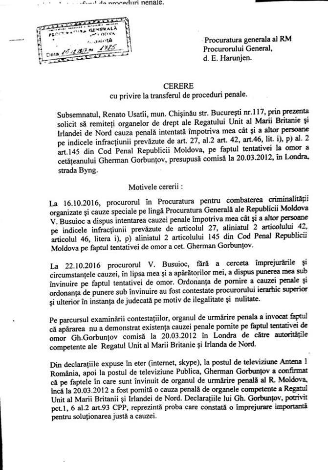 Usatîi cere transferarea dosarului Gorbunțov în Marea Britanie