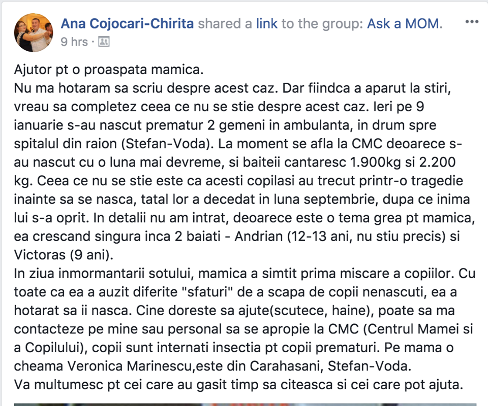 Femeia care a născut în ambulanţă mai are 2 copii: Soţul a decedat