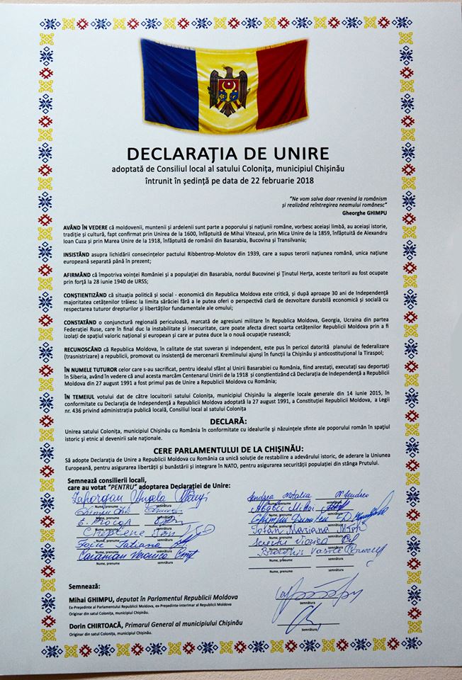 Localitatea Colonița a votat Declarația de Unire cu România
