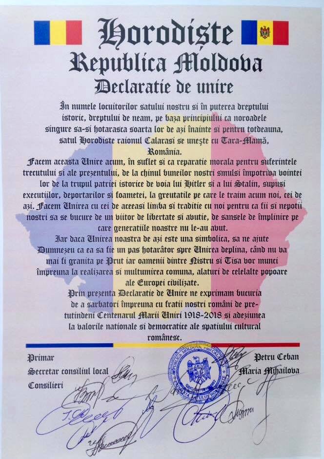 Comuna Horodiște din raionul Călărași a votat Unirea cu România