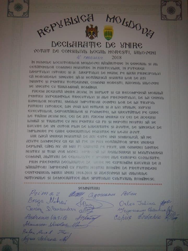 Horești, raionul Nisporeni a semnat Declarația de Unire cu România