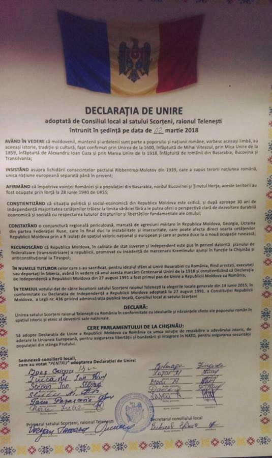 87 de localități au votat Unirea cu România: Satul Hirișeni, Telenești a semnat astăzi decizia