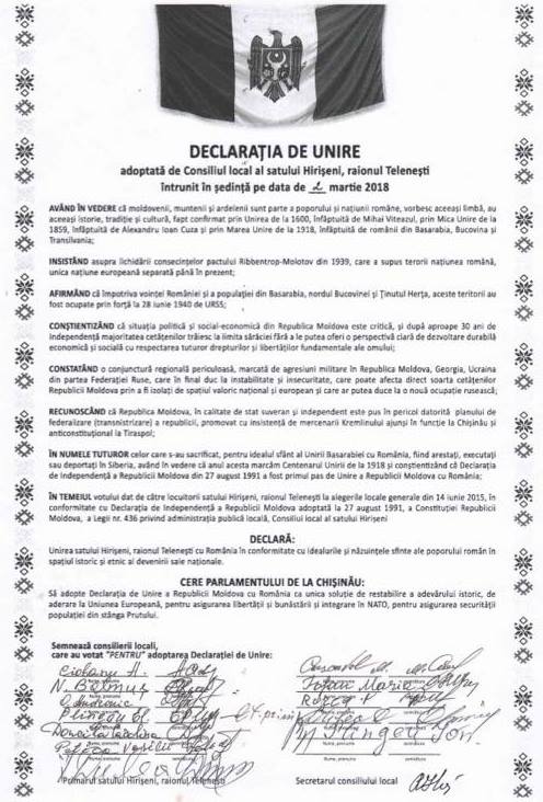 87 de localități au votat Unirea cu România: Satul Hirișeni, Telenești a semnat astăzi decizia