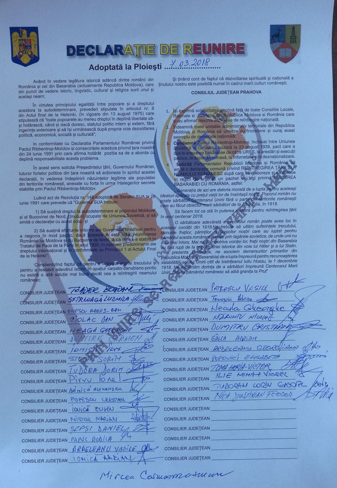 Primul județ din România care a semnat declarația de Unire cu Republica Moldova