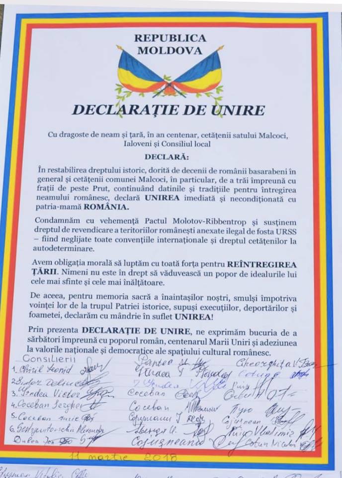 Satul Malcoci a semnat Declarația de Unire: Nimeni nu este în drept să văduvească un popor
