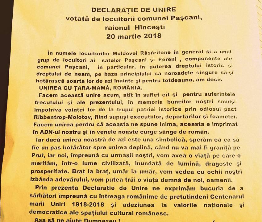 Satele Pașcani și Pereni au semnat Declarații simbolice de Unire cu România