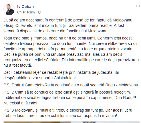 Demiterea lui Moldovanu. Ceban: E bine, dacă nu ar fi de ochii lumii