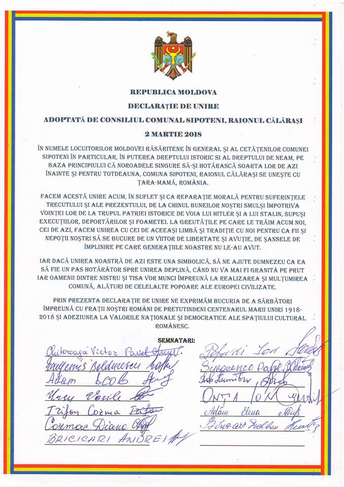 87 de localități au votat Unirea cu România: Satul Hirișeni, Telenești a semnat astăzi decizia
