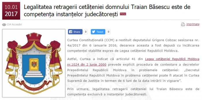 CCM: Legalitatea retragerii cetăţeniei lui Traian Băsescu este de competenţa instanţelor judecătorești CCM: Legalitatea retragerii cetăţeniei lui Traian Băsescu este de competenţa instanţelor judecătorești