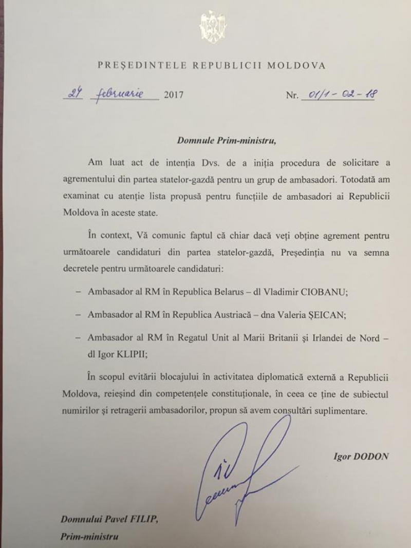 Igor Dodon a respins candidaturile a trei ambasadori