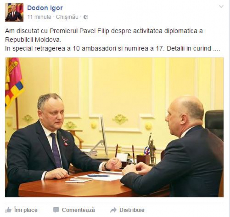 Întrevedere neanunțată dintre Dodon și Filip: Am discutat despre rechemarea a 10 ambasadori și numirea a 17