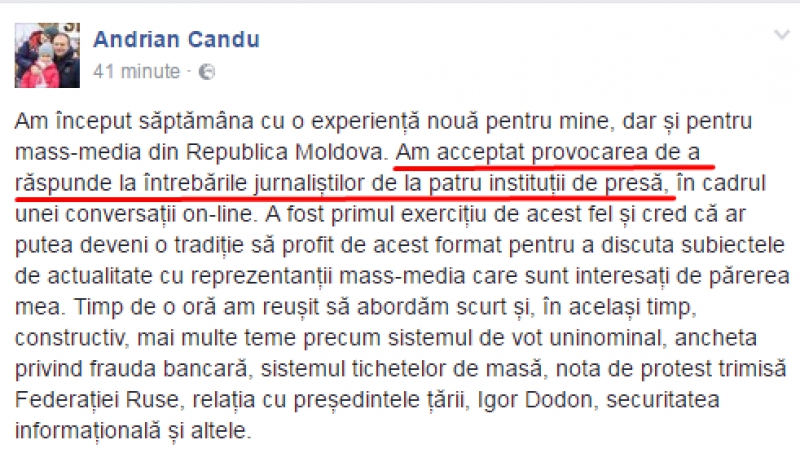 Candu refuză invitațiile la emisiunile site-urilor informaționale, dar îi cheamă pe realizatori la dialoguri comune on-line