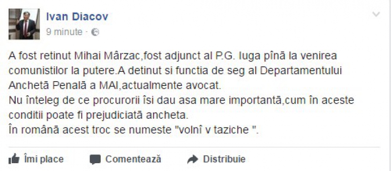 Ivan Diacov, despre reținerea unui fost procuror general interimar: Volnî v taziche