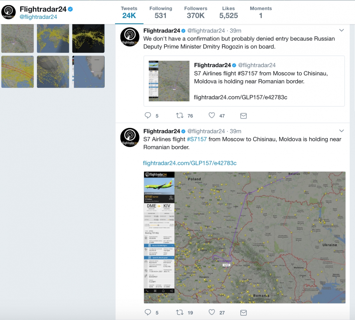 Rogozin nu mai vine la Chișinău? Avionul în care s-ar afla vicepremierul rus se întoarce la Moscova