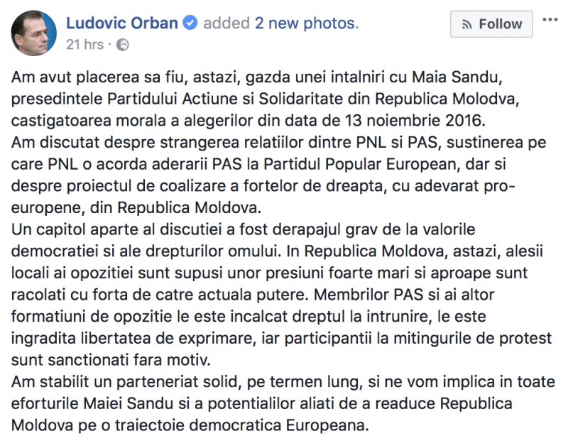 Ludovic Orban, președinte PNL, despre Maia Sandu: „Câștigătoarea morală a alegerilor din 13 noiembrie 2016”