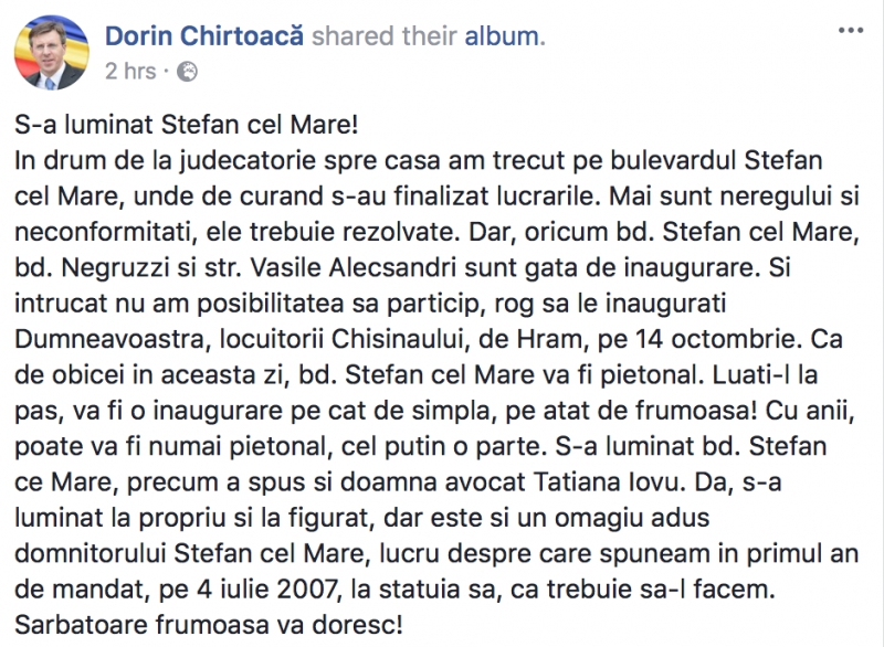 Chirtoacă spune că bd. Ștefan cel Mare s-a luminat. Ce îi roagă pe locuitori
