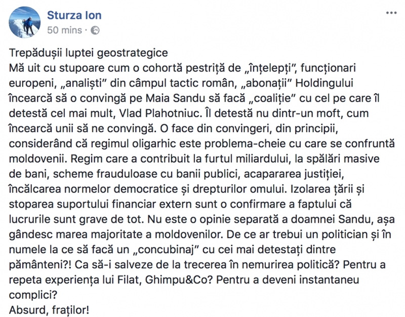 Ion Sturza crede că cei care o conving pe Maia Sandu să facă alianță cu PD își doresc, de fapt, să o discrediteze