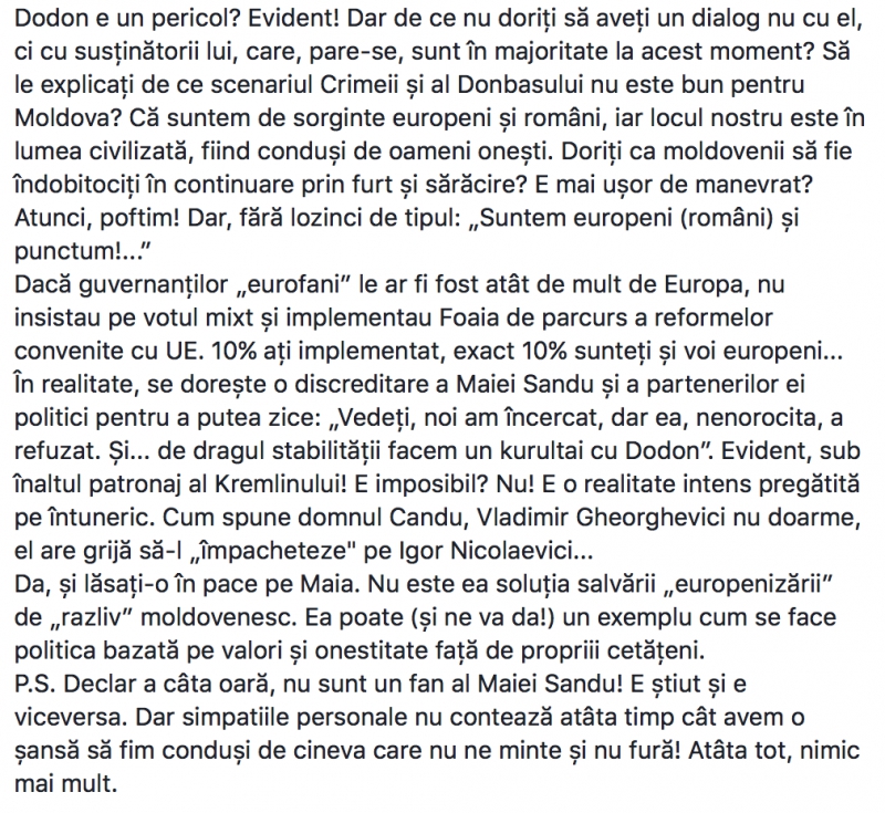 Ion Sturza crede că cei care o conving pe Maia Sandu să facă alianță cu PD își doresc, de fapt, să o discrediteze