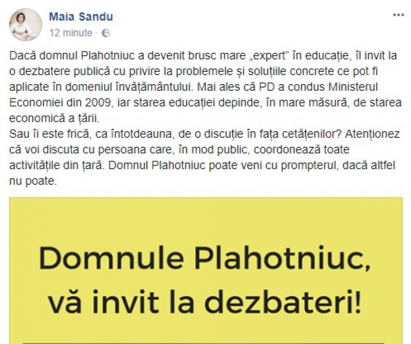 Maia Sandu îl invită pe Vladimir Plahotniuc la o dezbatere publică: Poate veni cu prompterul, dacă altfel nu poate