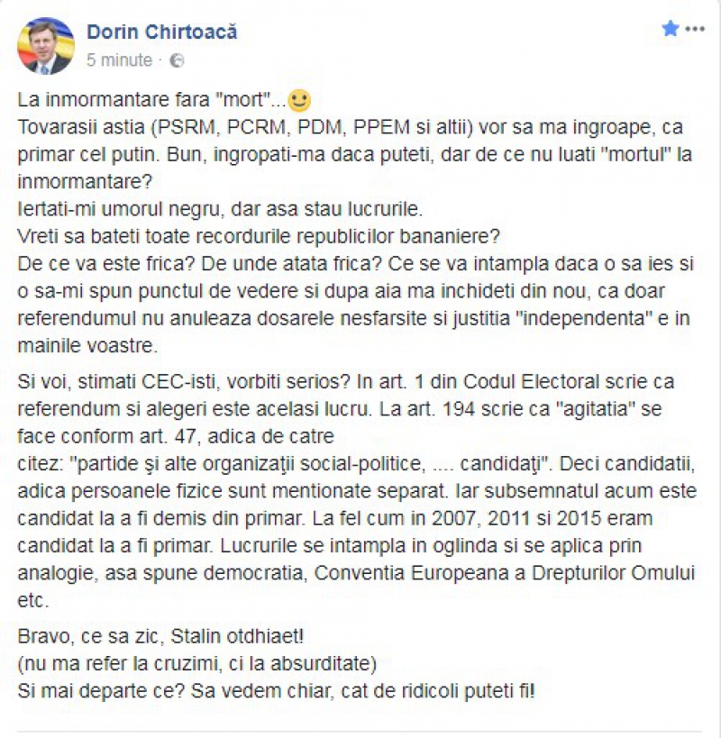 Chirtoacă, neînregistrat la referendum: La înmormântare fără mort