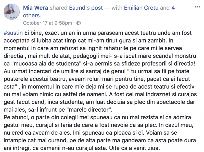 Încă două foste actrițe de la Teatrul „Eugene Ionesco” confirmă declarațiile lui Emilian Crețu