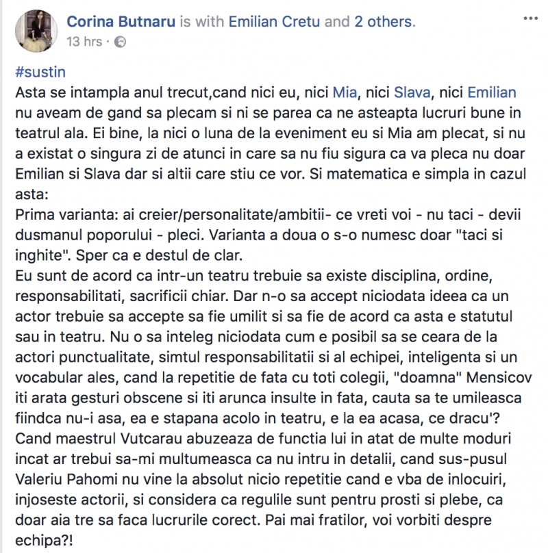 Încă două foste actrițe de la Teatrul „Eugene Ionesco” confirmă declarațiile lui Emilian Crețu