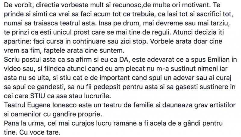 Încă două foste actrițe de la Teatrul „Eugene Ionesco” confirmă declarațiile lui Emilian Crețu