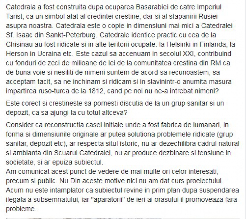 Chirtoacă, despre construcția din spatele Catedralei: Nu vă ascundeți după veceu
